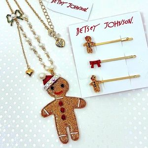 Betsey Johnson ‘Feliz Navidad’ Gingerbread Man Necklace; Barrett Set NWT